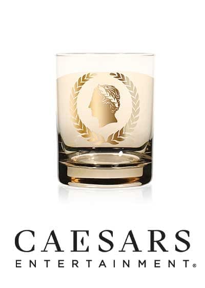 Product photography showing a beverage tumbler above the Caesars Entertainment logo