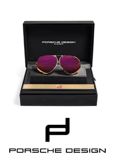 Product photography showing sunglasses above Porsche Design logo